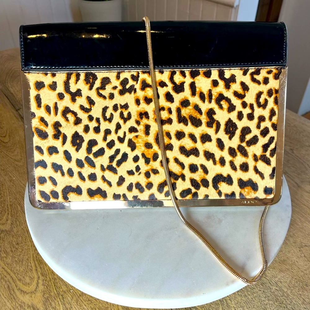 Aldo oversized leopard print clutch with metal chain strap